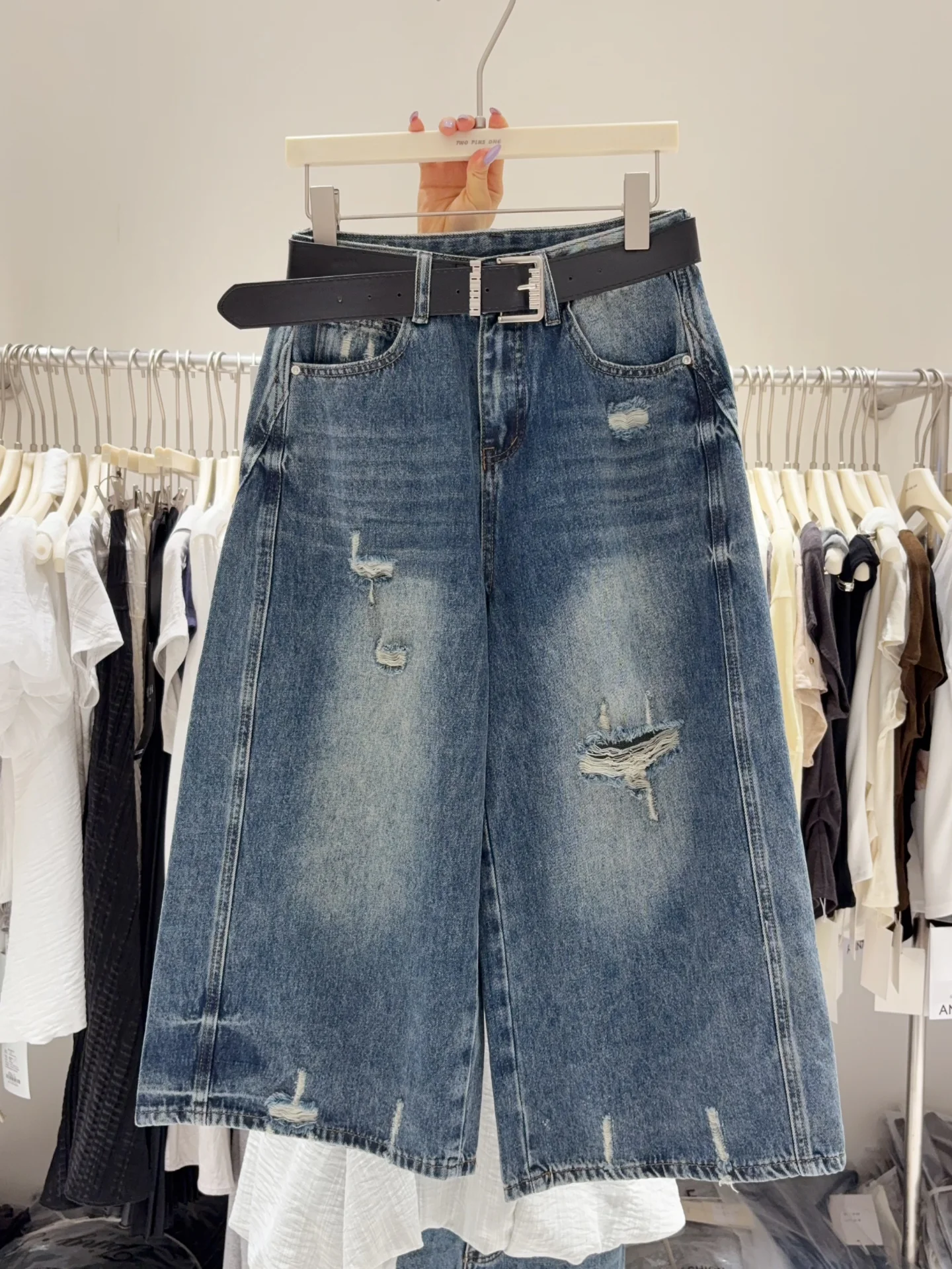 

High Waist Slimming Distressed Denim Jeans Women's 8-piece Soft Wide-leg Medium-length Small-size Straight-leg Pants