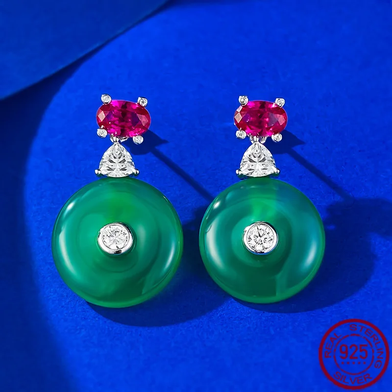 

New S925 Silver Earrings High Carbon Diamond Natural Jade Marrow Fan Bingbing Same Style Safe Buckle Earrings Wedding Jewelry