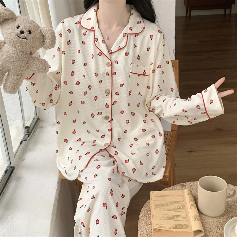 Spring Autumn Women Print Pajamas  Baby Cotton Cloth Long Sleeve Trousers Cardigan Pure Solid Casual Home Wear