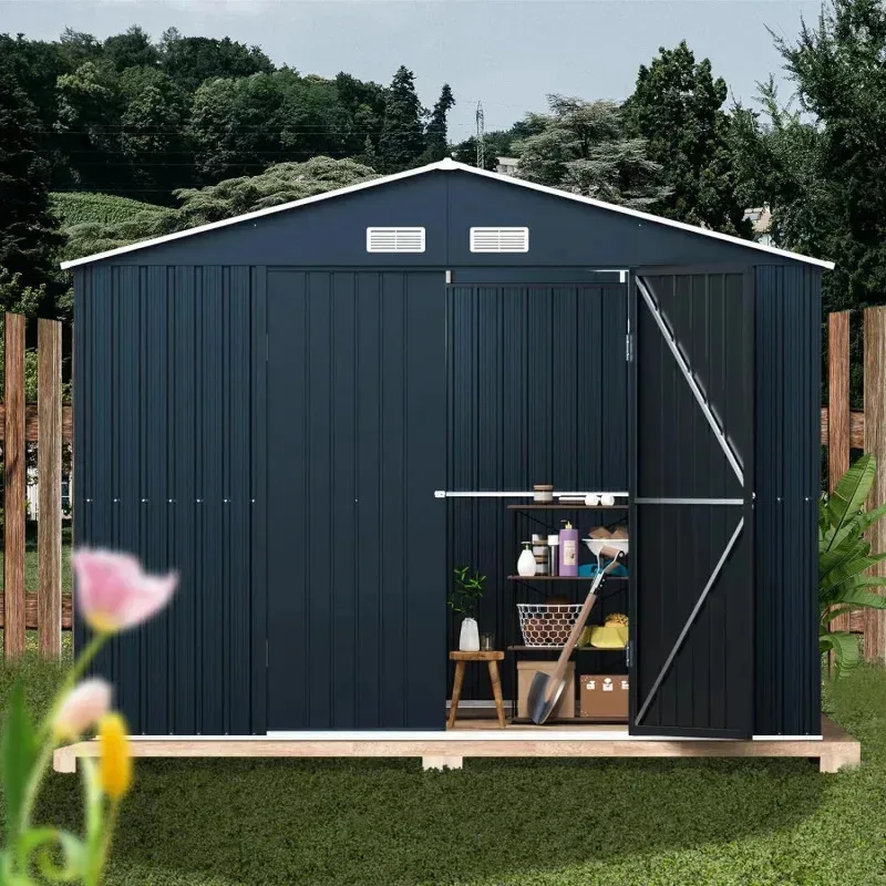 QAZ8-YJX10X12X7.5 FT Outdoor SteelStorage Shed with Lockable Doors.2 Windows.Transparent Roof Panels(Wood Panels & Frame Floor#R