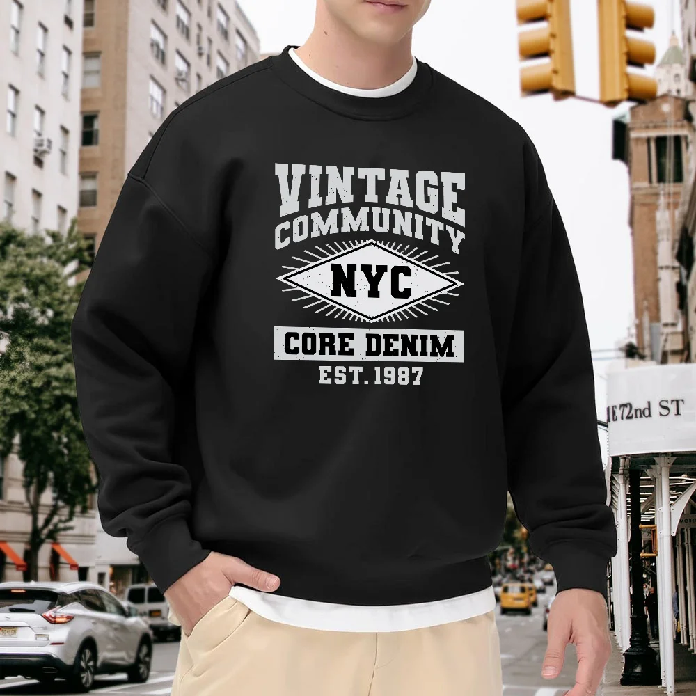 

Men's Black Retro Printed Crew Neck Sweatshirt, Loose Casual Street Style Top, Letter Pattern Trendy and Versatile, Comfortable and Breathable for Everyday Wear