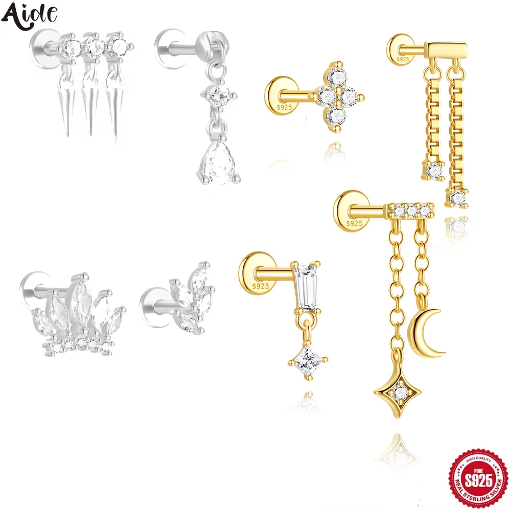 Aide 1PC 925 Sterling Silver Love Heart Star Chain Tassel Piercing Threaded Blinging Zircon Stud Earring For Women Jewelry Gifts
