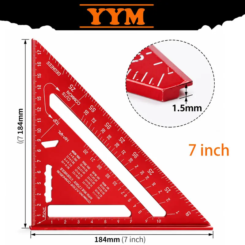 YYM Aluminium Alloy 7Inch Triangle Ruler, Inch Metric Protractor Square Precision Woodworking Measuring Gauging Tool