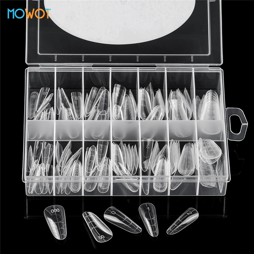 MOWOT 140 stks/doos Dubbele Vormen Nagel Mallen Helder Acryl Herbruikbare Nagelverlenging Bovenste Mallen Volledige Dekking Nail Top Vorm Manicure Gereedschap