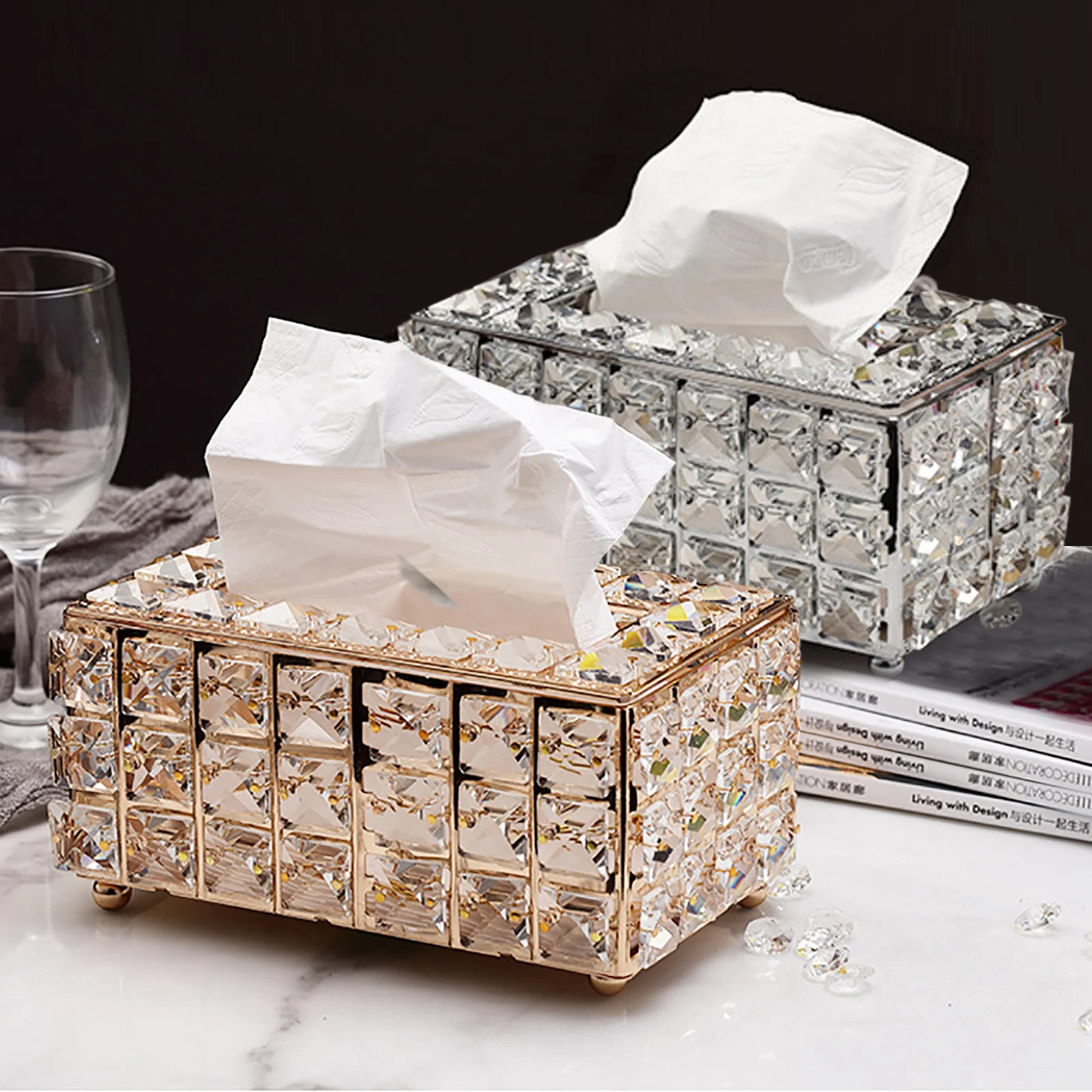 

7.9inch Box Paper Tissue Rack Holder Office Storage Home Napkin Case Towel Rhinestone