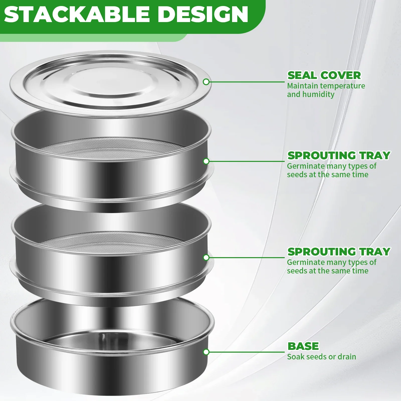 Seed Sprouter Tray Stainless Steel Sprouting Kit Stackable Seed Sprouting Tray Household Plants Germination Nursery Tray Seeder