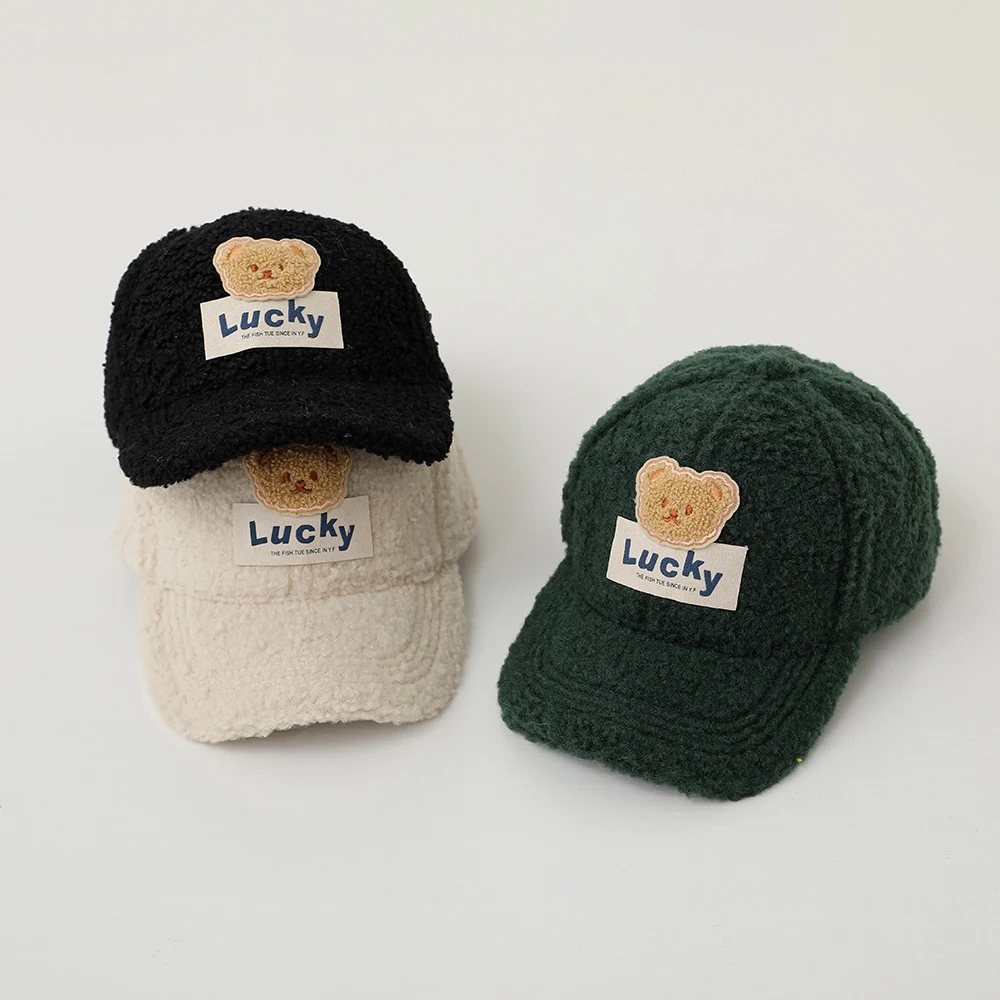 Winter Baseball Cap For Kids Girl Boy Adjustable LambWool Cartoon Bear Cute Hat Warm Snapback Outdoor Baby Hat Children 4-8Years