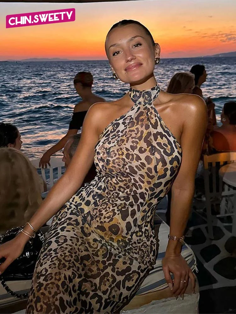 Sexy Leopard Print Slim Fit Neck Dress For Women Chic Printed Sleeveless Off Shoulder Vestidos Summer Party Beach Vacation Robes