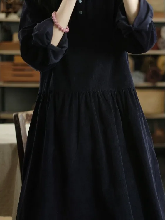 Winter Corduroy Dr Women's New 2025 High-End Gourmet Cap Collar Loose Midi Skirt Year End High-End Feelings Faionable