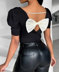 Haut d'été à col rond et manches courtes pour femmes, nouveau style 2024, nœud papillon, avec des équidétails en perles, manches courtes bouffantes, slim, 03/T-Shirt