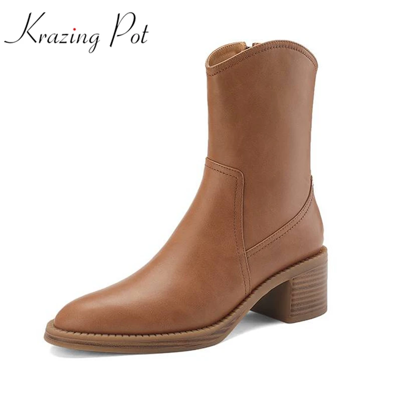 

Krazing Pot 2024 Cow Leather Round Toe Thick High Heels Winter Brand Shoes Keep Warm Modern Boots European Designer Ankle Boots