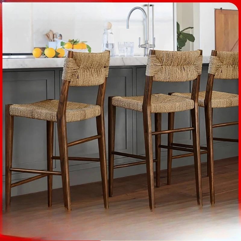 Retro solid wood rope dining chair, high backrest bar high chair