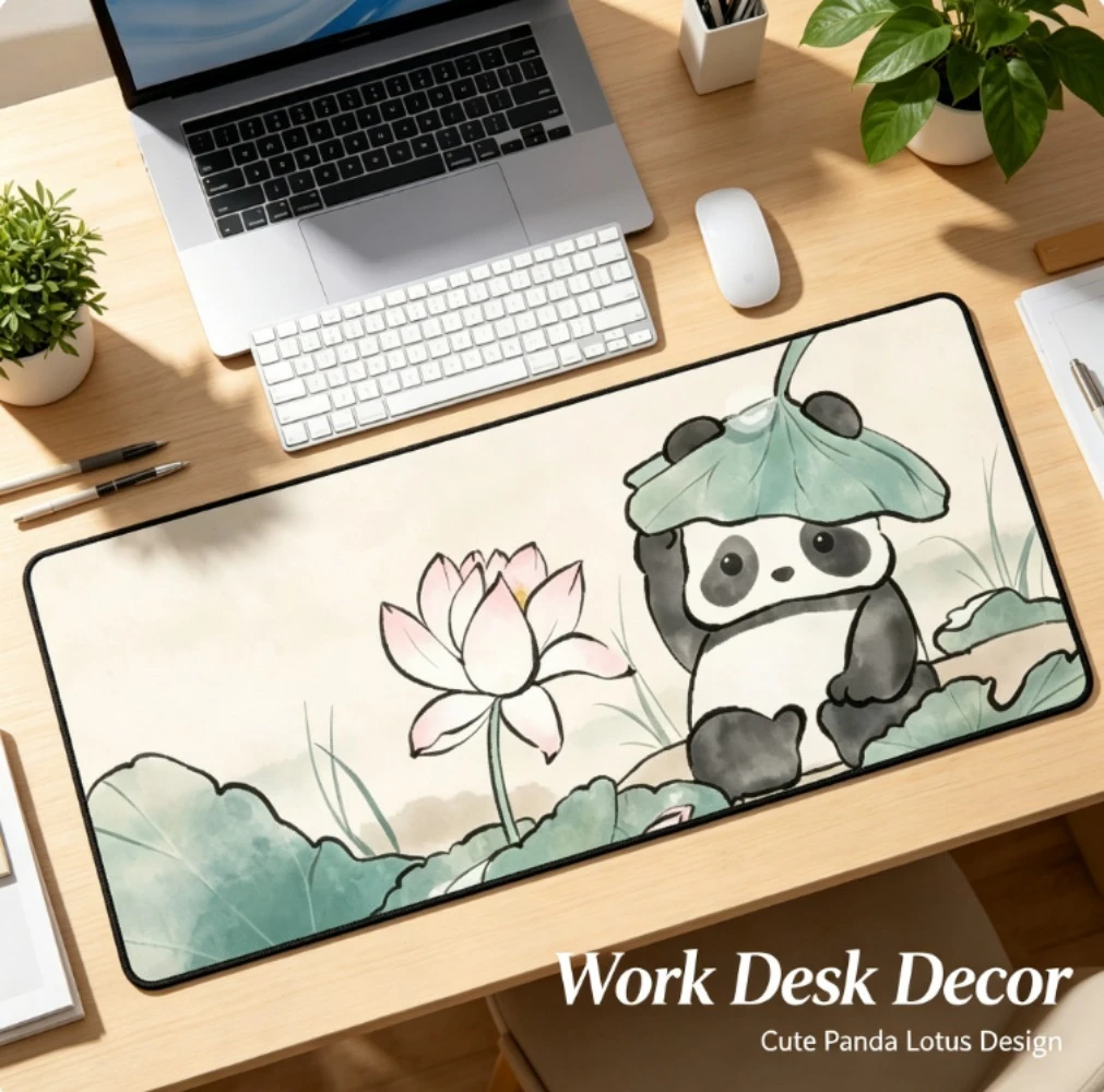 Cute Panda Lotus Ink Painting Large Desk Mat XXL Gaming Mouse Pad Non-slip Rubber Lock Edge Keyboard Table Pad Elegant Playmat