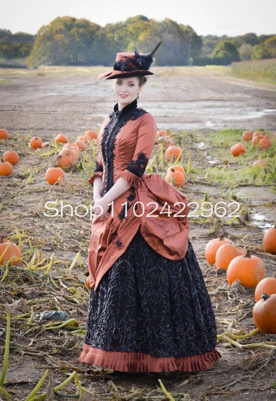 Dark Orange and Black Gothic Prom Occasion Dresses with Long Sleeve Ruched Skirt Historique Victorian Bustle Evening Gown