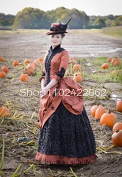 Dark Orange and Black Gothic Prom Occasion Dresses with Long Sleeve Ruched Skirt Historique Victorian Bustle Evening Gown