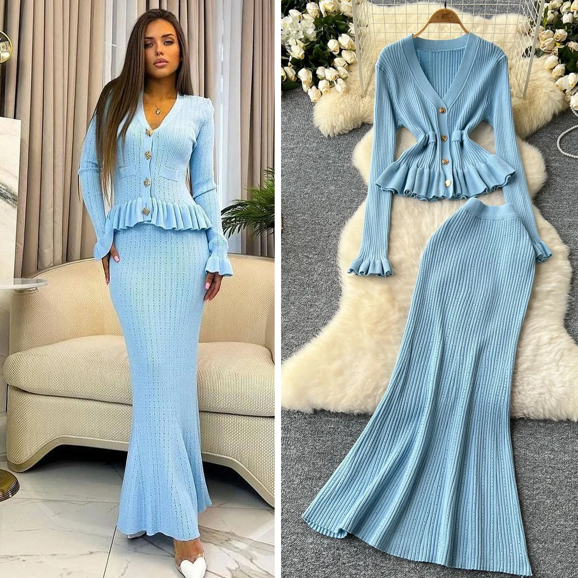 

Women Two Piece Sets Skirt Set Full Sleeve V Neck Tops Ruffles Long Skirts High Waist Y2k Streetwear Elegant Knit Work Autumn