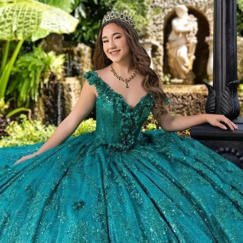 Emerald Green Quinceanera Dresses Princess Ballgown Sweet 16 Dress Off The Shoulder 3D Floral Appliques Puffy Prom Dress