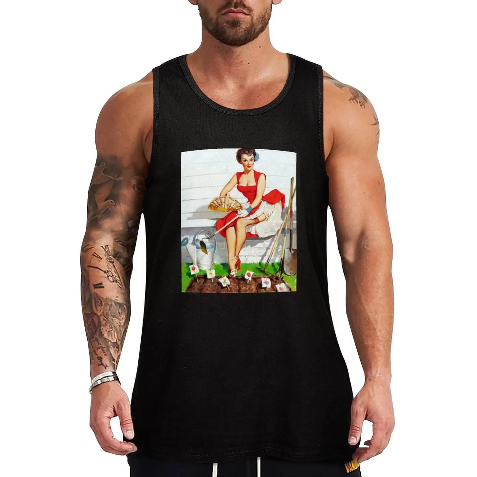 1950s Vintage Pin-up Girl Garden Gardening Plants Illustration Art Leggy Garter Pinup Retro Classic Tank Top
