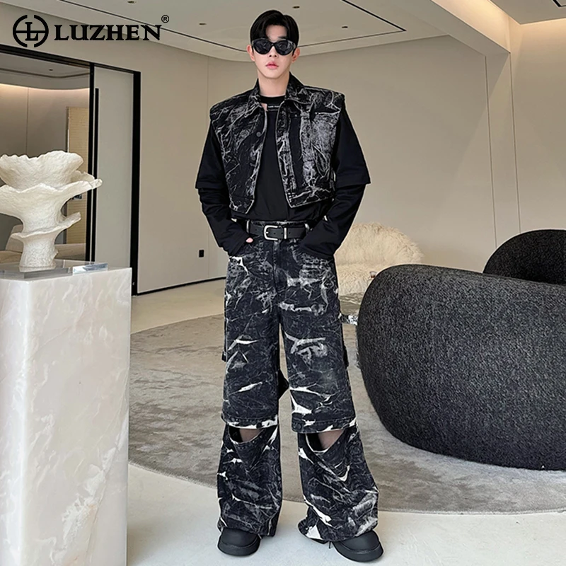 Luzhen personal isierte trend ige Tie Dye Denim ärmellose Westen zweiteilige Sets Original Männer Straße hohl Spleißen Design Jeans lz4206