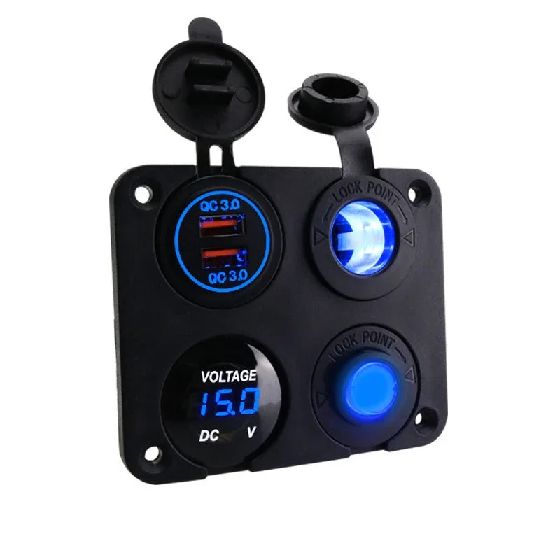 4 in 1 Panel Dual QC 3.0 USB Car Charger Power Outlet Voltmeter Cigarette Lighter Socket Toggle Switch for Marine Boat RV Truck