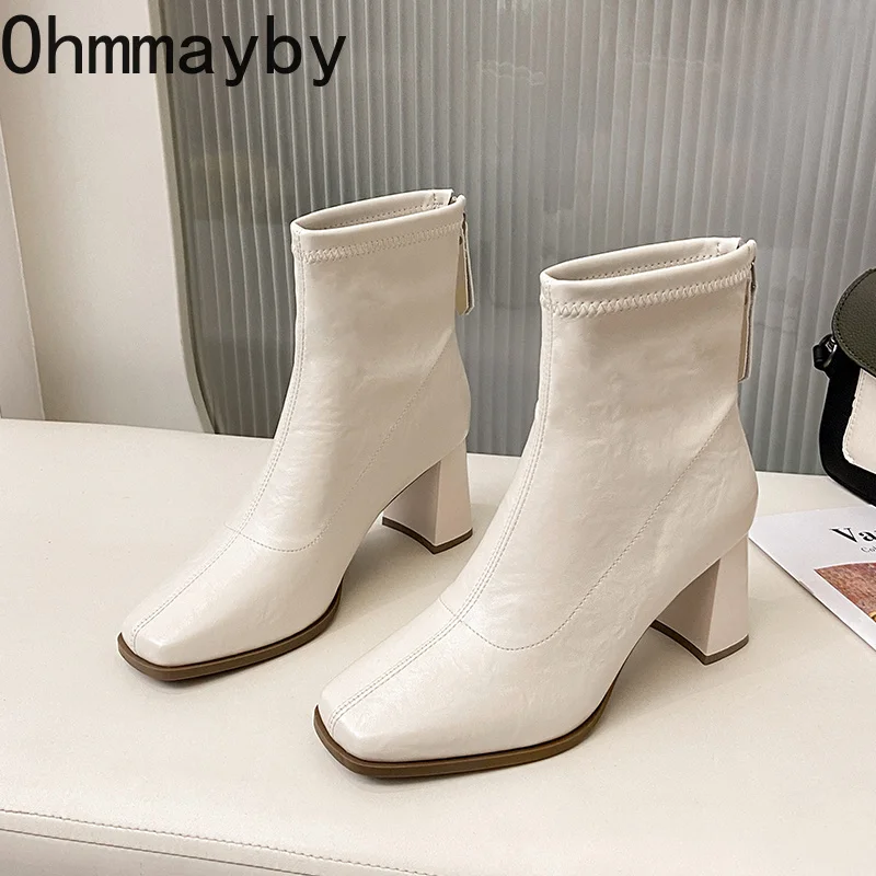 Women Square Toe High Heel Ankle Boots Back Zipper PU Leather Block Heel Short Boots Autumn Winter Elegant Botas Mujer