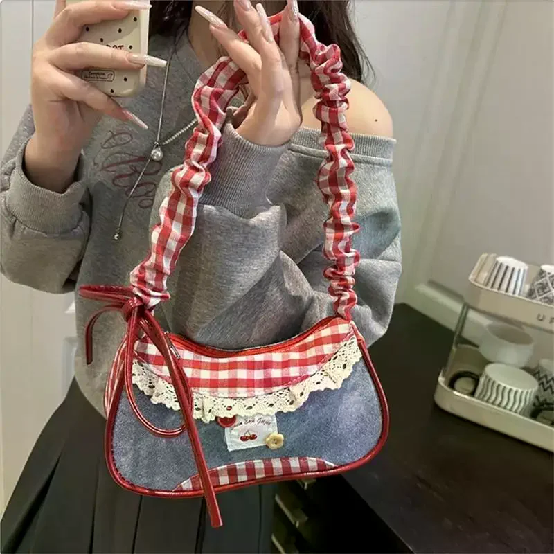 New Plaid Bag Pleated Contrast Color Shoulder Bag Trend Simple Match Single Oulder Slant Cross Bag Commuter Small Square Bag
