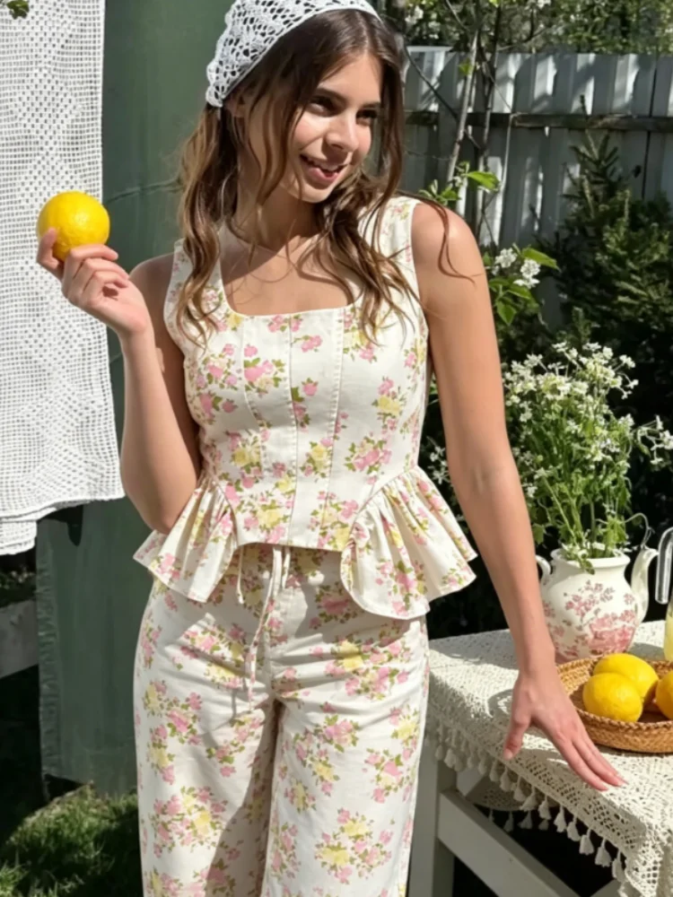 Romantic Pink Floral Matching Set Sleeveless Peplum Top With Back Zipper High Waist Drawstring Wide Leg Trousers 2026 Daily Wear