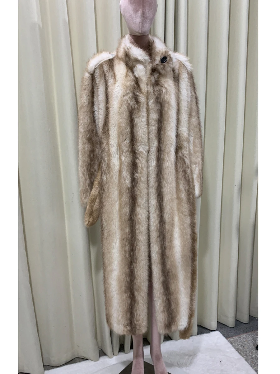 

Осень-зима длинное толстое теплое мягкое волосатое полосатое пальто из искусственного меха женское подиумное модное шикарное свободное повседневное пушистое меховое пальто 2025 шуба искусственный мех