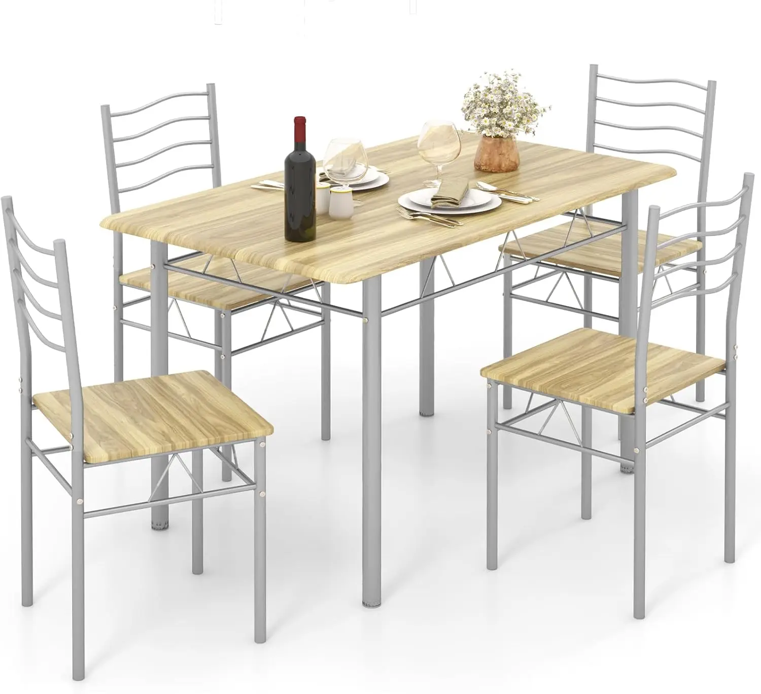 Dining Table Set for 4, 5-Piece Kitchen Table Chairs Set of 4, Breakfast Nook with Kitchen Table, 4 Dining Chairs, Metal Frame