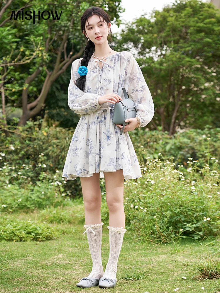 MISHOW Fee Temperament Bloemen Bladerdeegmouwen Chiffon Jurk Lente Zomer 2025, Vetersluiting O Hals Taille Knielange Jurk MXD14L1681