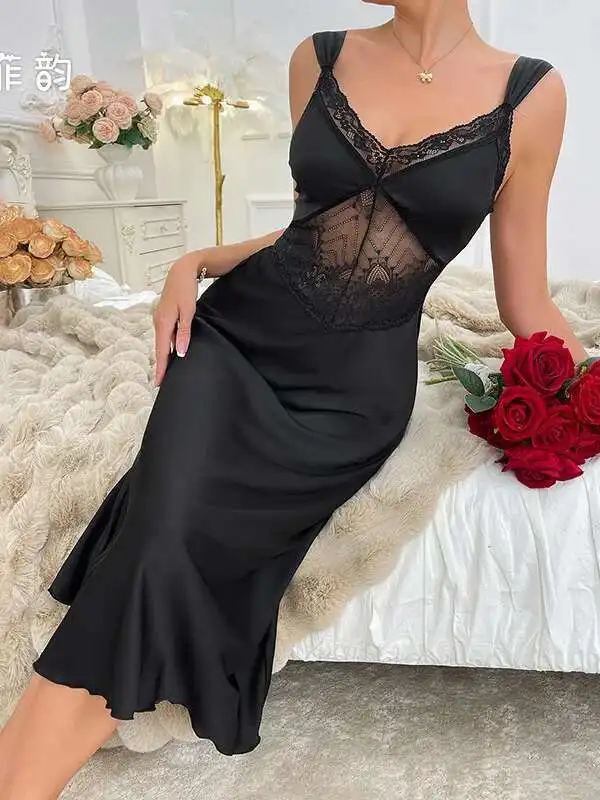Sexy Nachtwäsche Damen rückenfrei tiefes V-Hosenträger ärmelloses Nachthemd Satin Pure Desire Spitze Französisches High-End-Hauskleid DE9Y