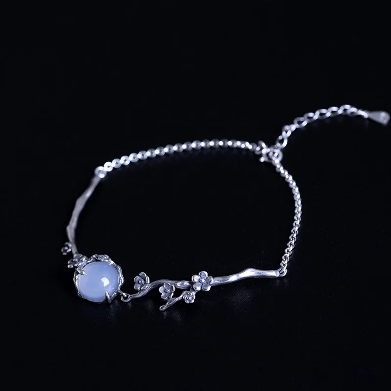 Amxiu Handmade 925 Sterling Silver Bracelets Natural Stone Plum Flower Jewelry Bracelet for Women Girls Birthday Gift Bijoux
