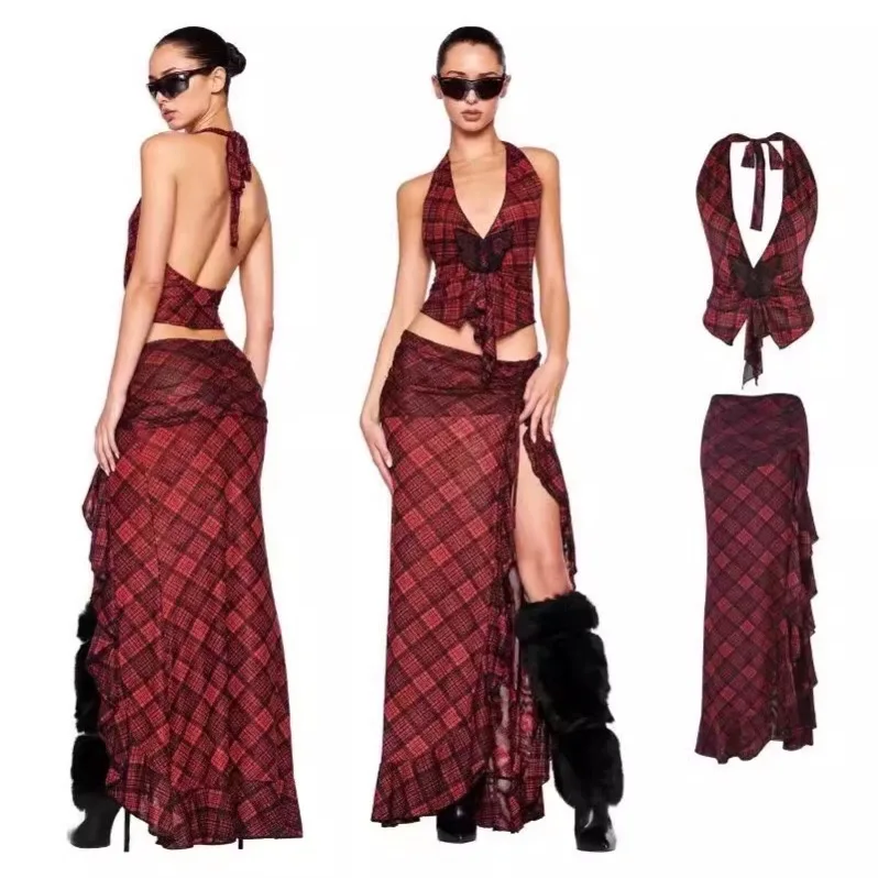 

Fashionable Hemline Split Neckline Spring Summer IAMUBABA Plaid Set Women's Long Sleeve Suit Casual Chic Style