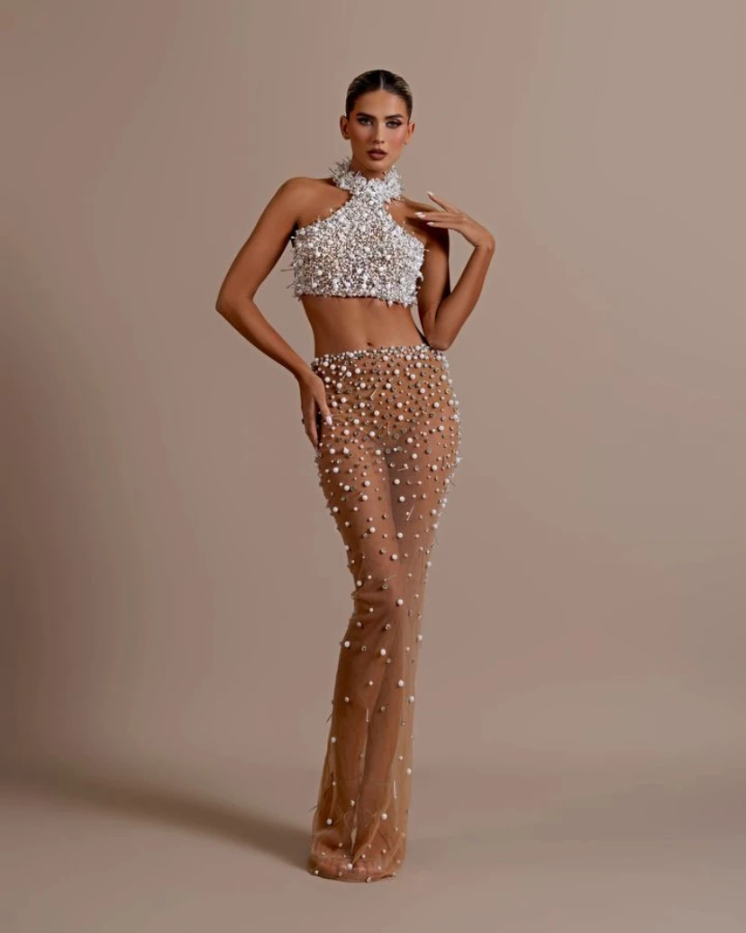 

Fashion Women Sexy Off the Shoulder Pearl Beading 2 Pieces Bodycon Long Dress Mesh See Through Nightclub Party Celebrate Dress