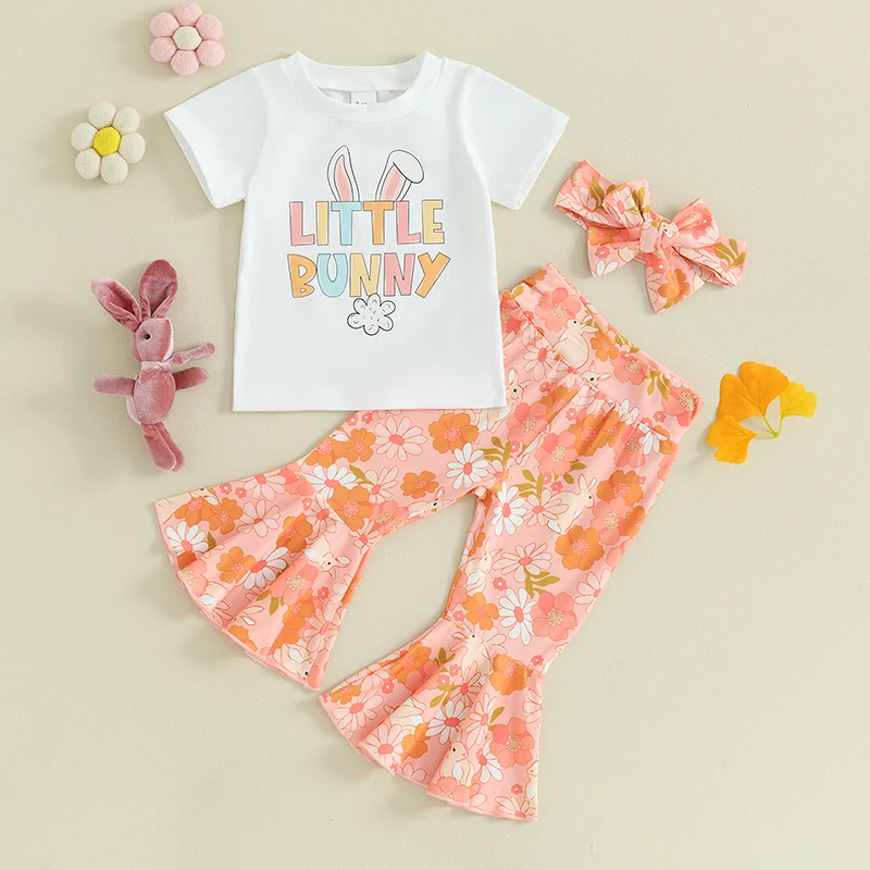 

Toddler Girl Easter Bell Bottoms Outfits Short Sleeve Letter Print T-shirt Floral Bunny Flared Pants Headband Sets