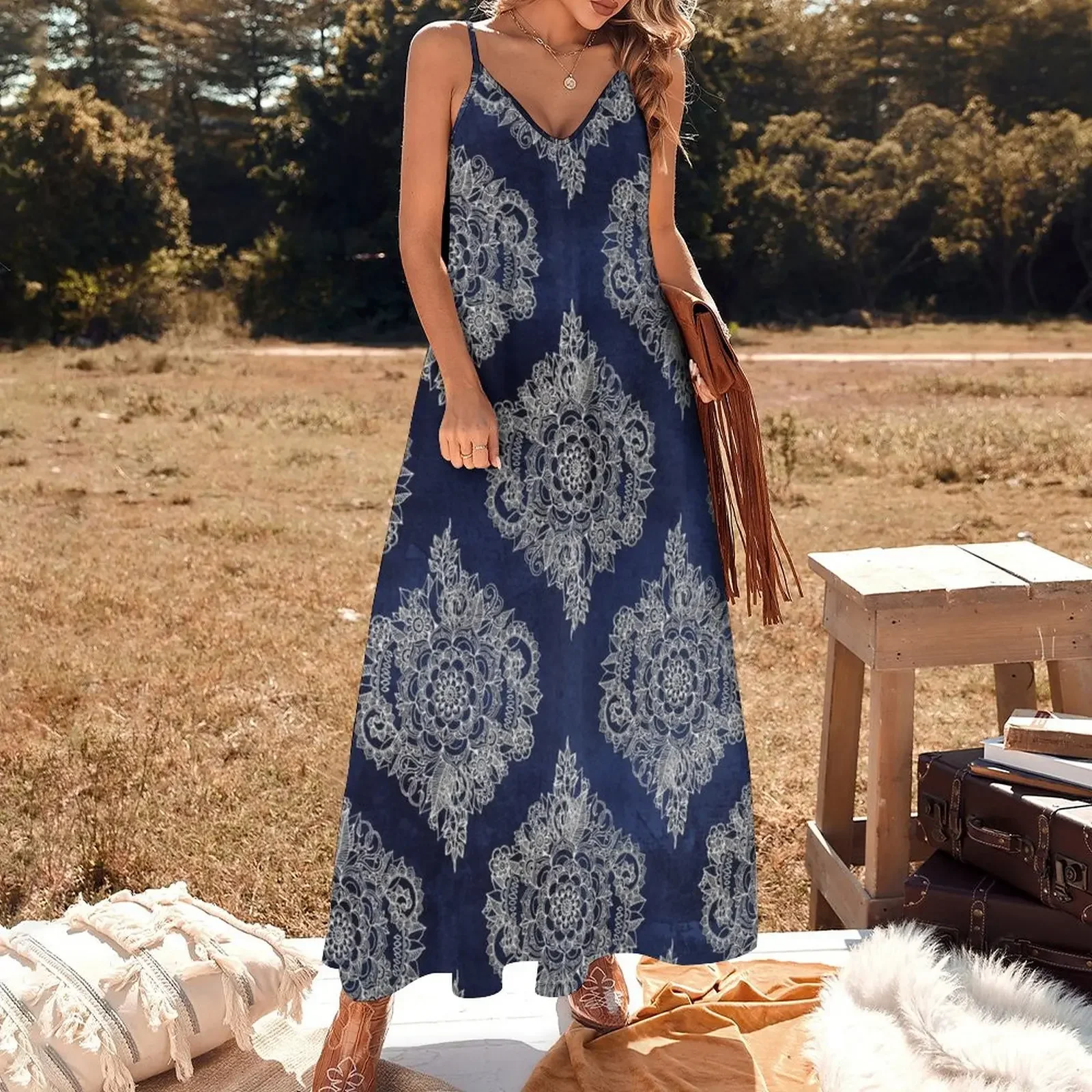 Cream Floral Moroccan Pattern on Deep Indigo Ink Sleeveless Dress Long dresses beach dresses Dress