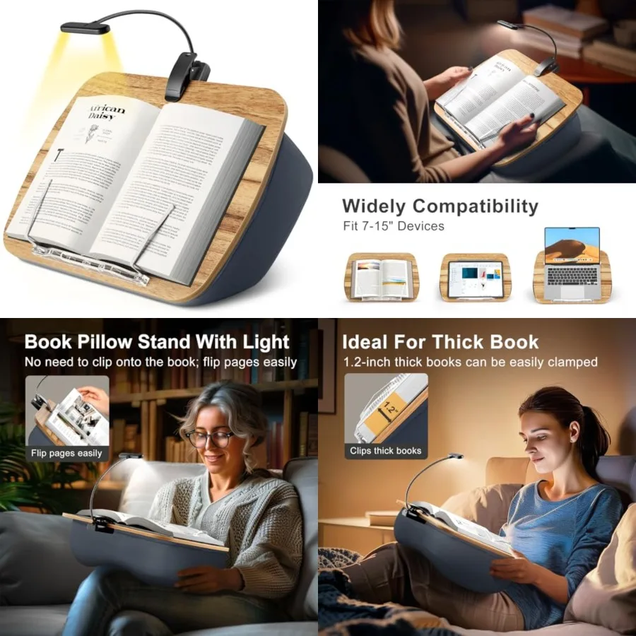 Reading Book Pillow Stand with 3-Color Adjustable Light, Hands-Free Book Holder for Bed or Lap, Wooden Surface, AAA Batteries R
