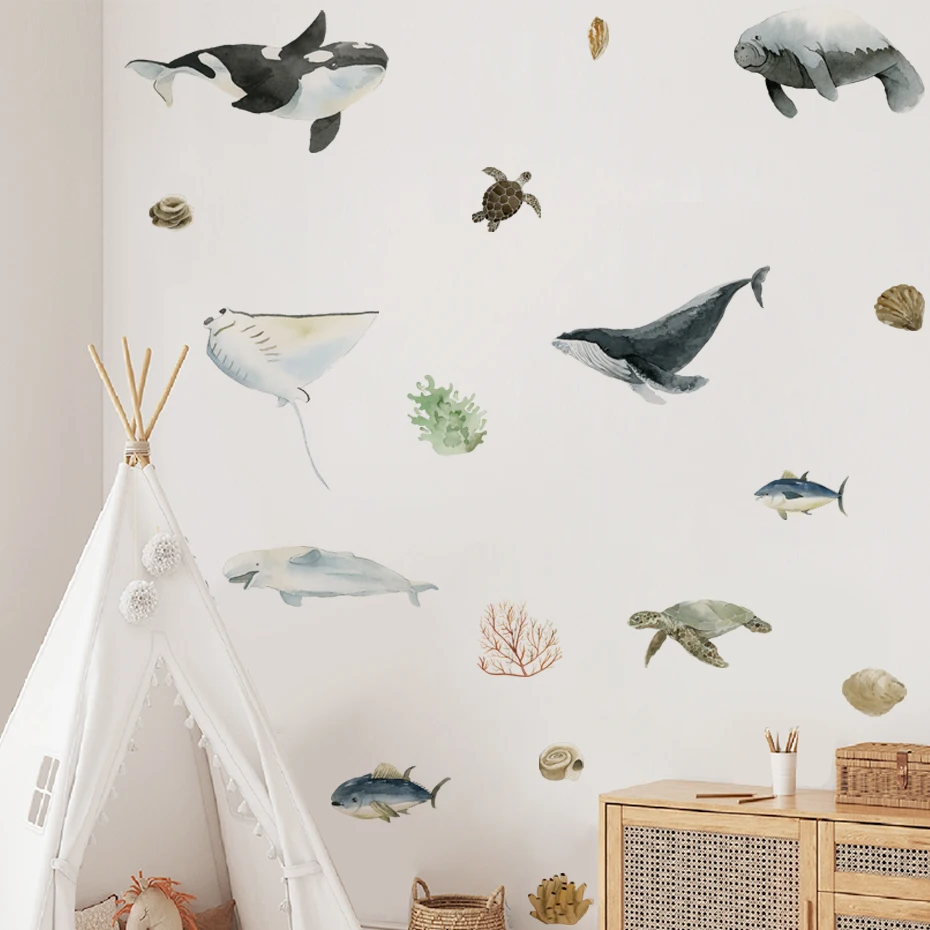 Sea Animals Wall Sticker Underwater World Fish Wall Decal Vinyl Nursery Art Decals for Babys Boys Room Home Decor