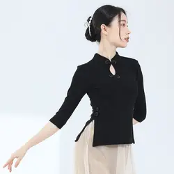 2024 new chinese style vintage cheongsam collar black t-shirt women's sense slim fit long sleeve bottom top tangsuits blouse