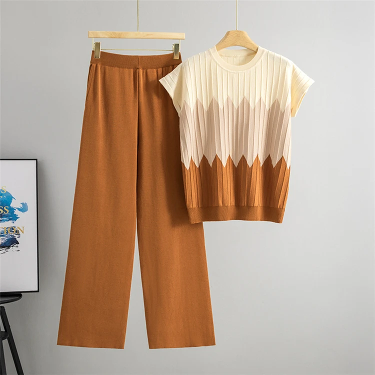 Damen Sommer Mode Kurzarm Rundhals Farbblock Strick-Set Locker Bequeme Weite Hose Zweiteiler – Detail 2
