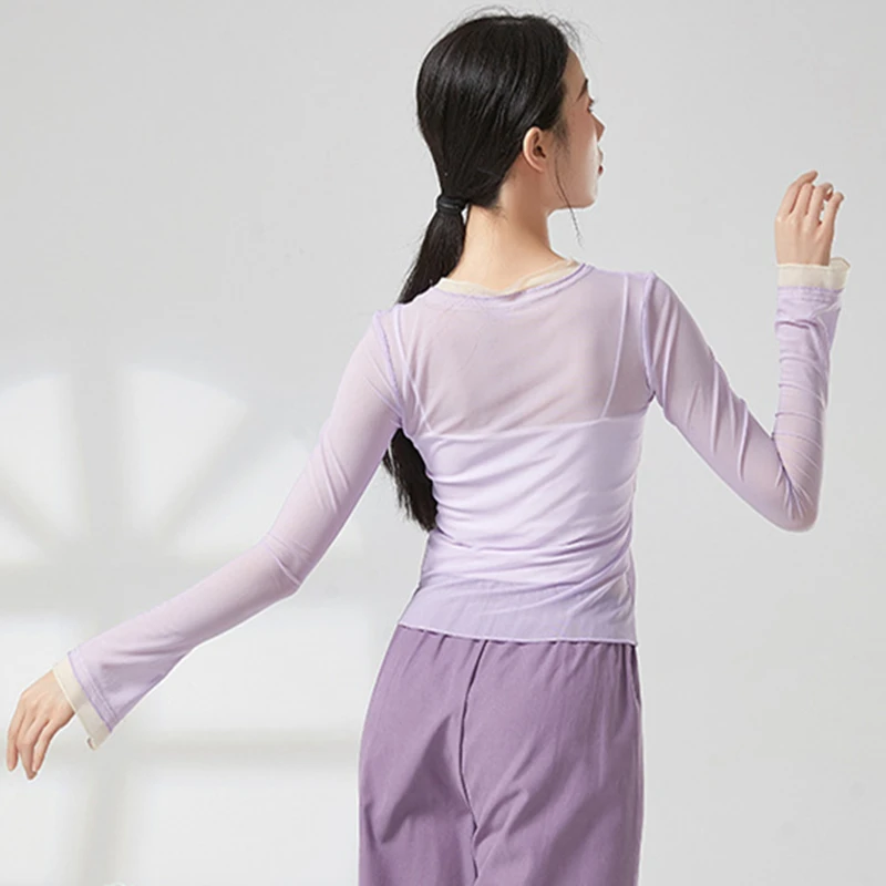 Modern Dance Top Women Gauze Mesh Long Sleeve Stretchy Sheer Shirt Spliced Color Neckline Outfit Yoga Classical Practice Clothes