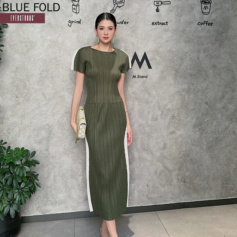 MIYAKE Pleat Color Matching Personalized Round Neck Tshirt Skirt Sets Spring Summer Slim Short-sleeved Tops Skirts Two-piece Set