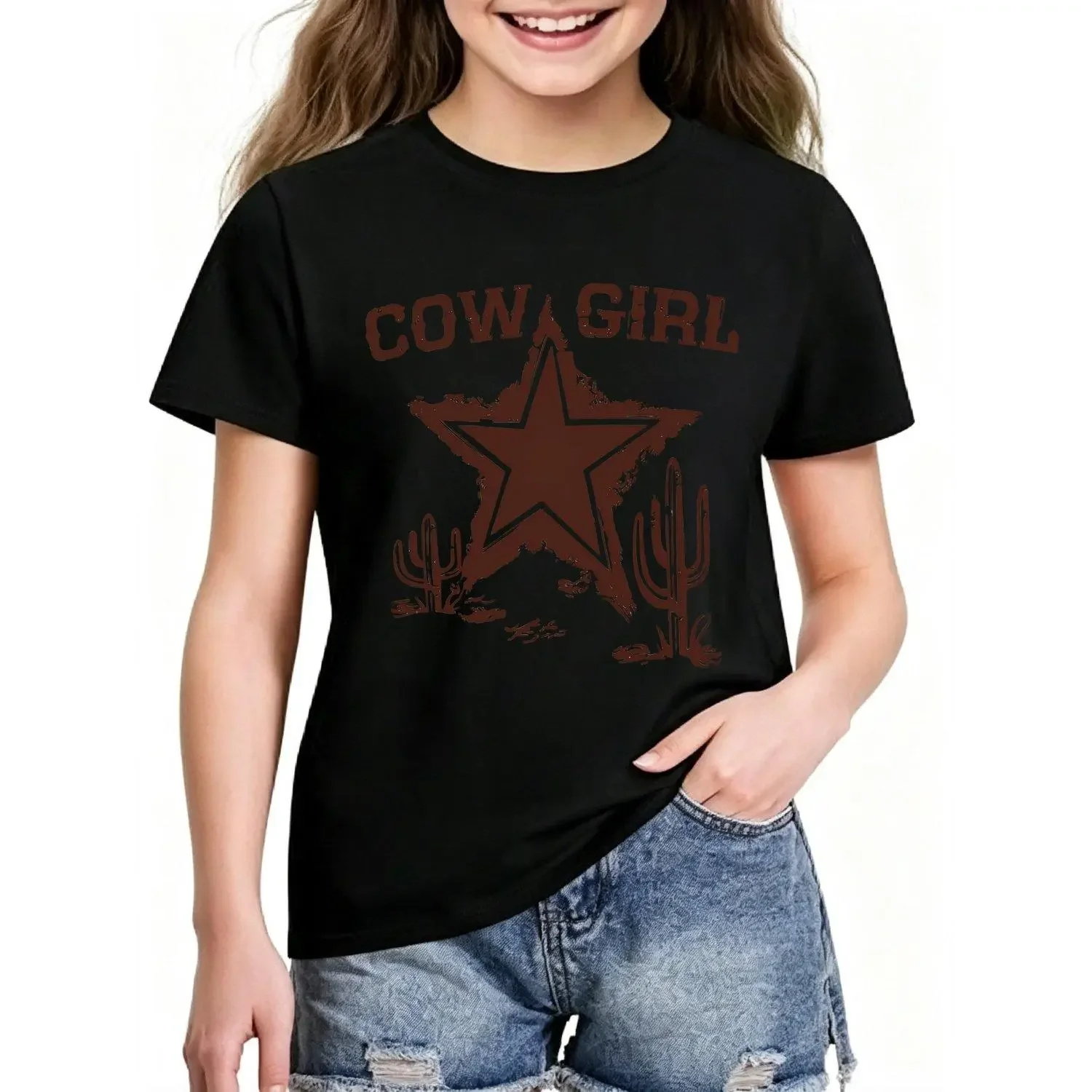 Girls T-Shirts Soft Stretchy Knit Top with Cowboy Lettering and Cactus Print Round Neck Casual Summer and Fall Outfit Machine Washable Retro Western Style Apparel