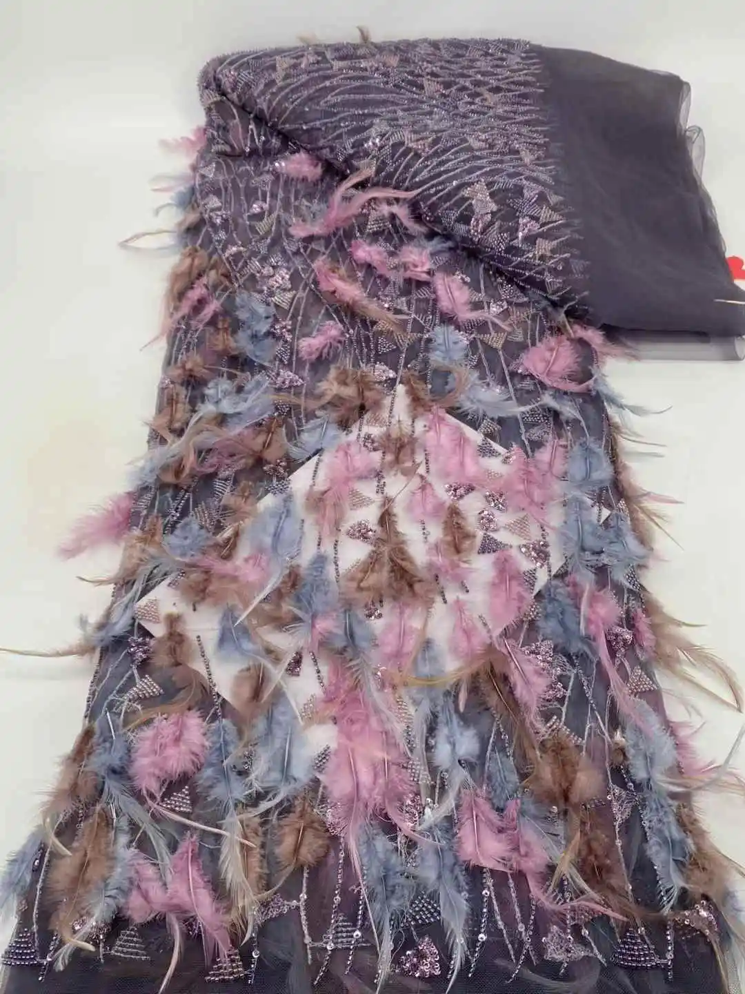 3D 깃털 자수와 아름다운 수제 깃털 프랑스 메쉬 원사 레이스 아프리카 나이지리아 패브릭 이브닝 드레스 결혼식