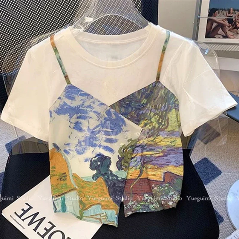 Aesthetic Oil Paint Patch T Shirts Fake Two Pieces Crop Top Elegant Women Summer Short Sleeve Tees All-match Korean Streetwear