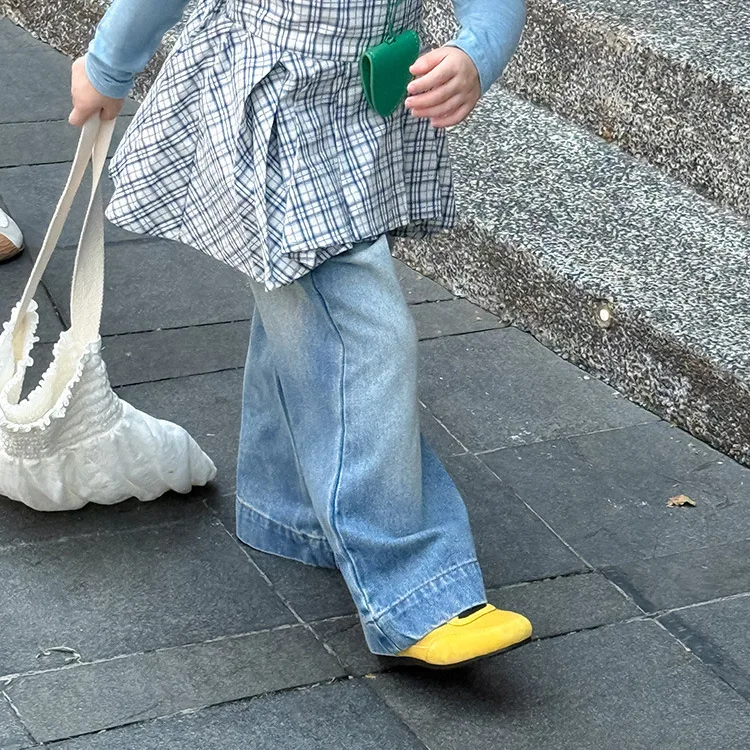 Children's Polished White Jeans Boys and Girls Old Denim Trousers Straight Pants 2025 Autumn New Floor Pants Casual