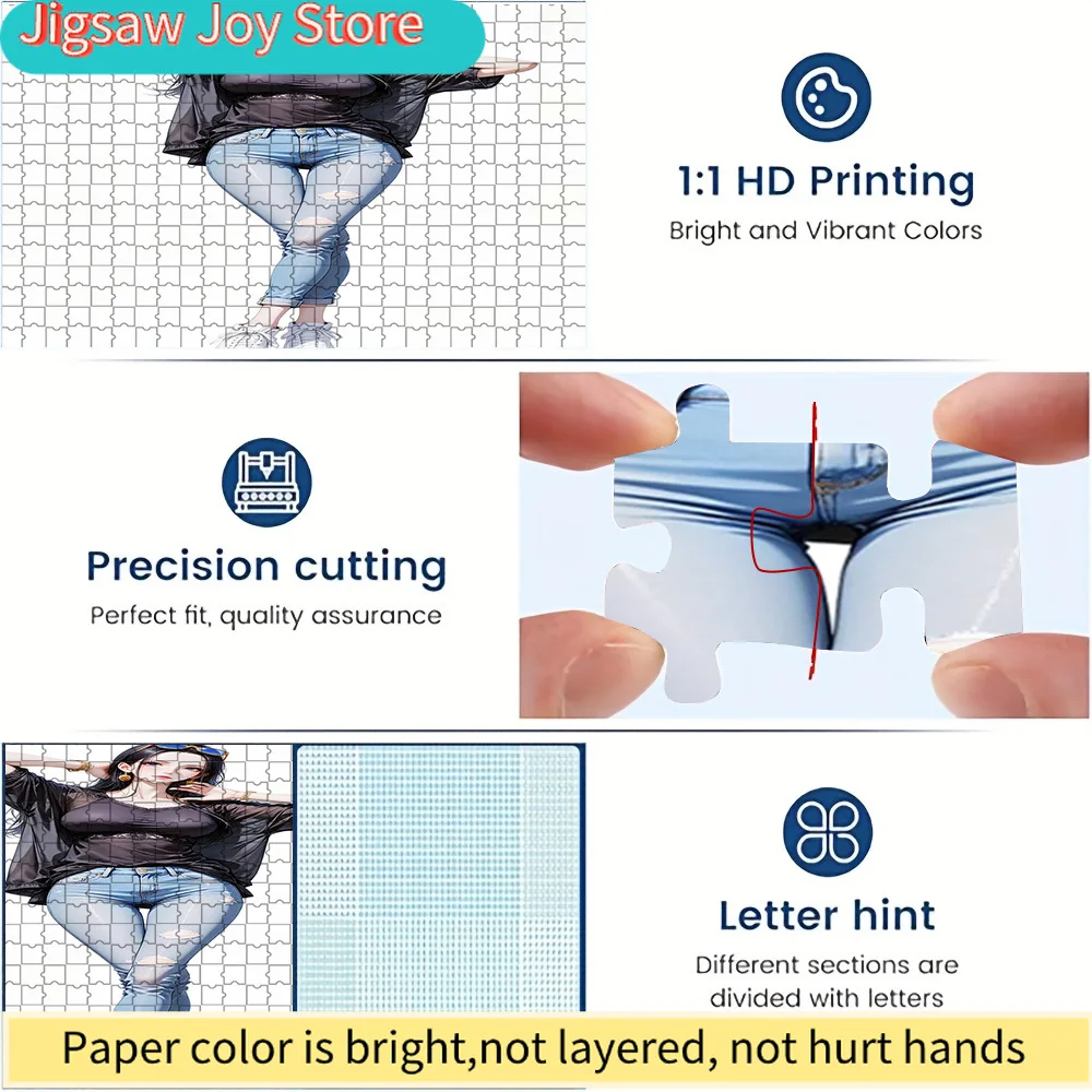 

Аниме-девушка в прозрачном топе и рваных джинсах: арт-пазл из бумаги, HD-печать, точная резка, игрушка с подсказками в виде букв, коллекционный набор