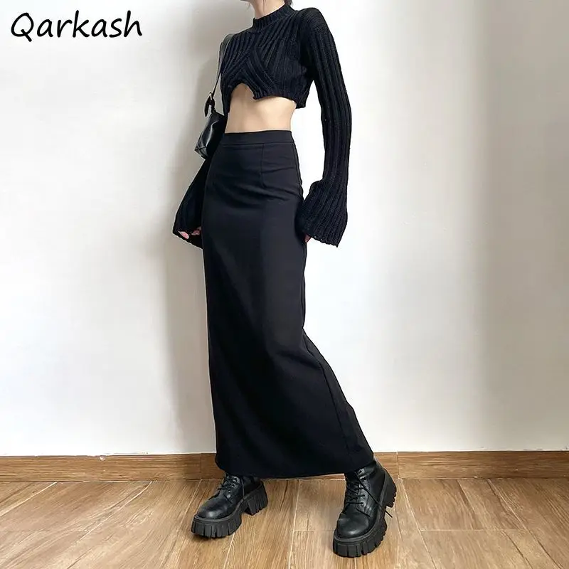 Skirts Women Ankle-length Black Split Hip Wrap Cool Korean Fashion High Waist Solid Simple High Street Chic Stylish All-match