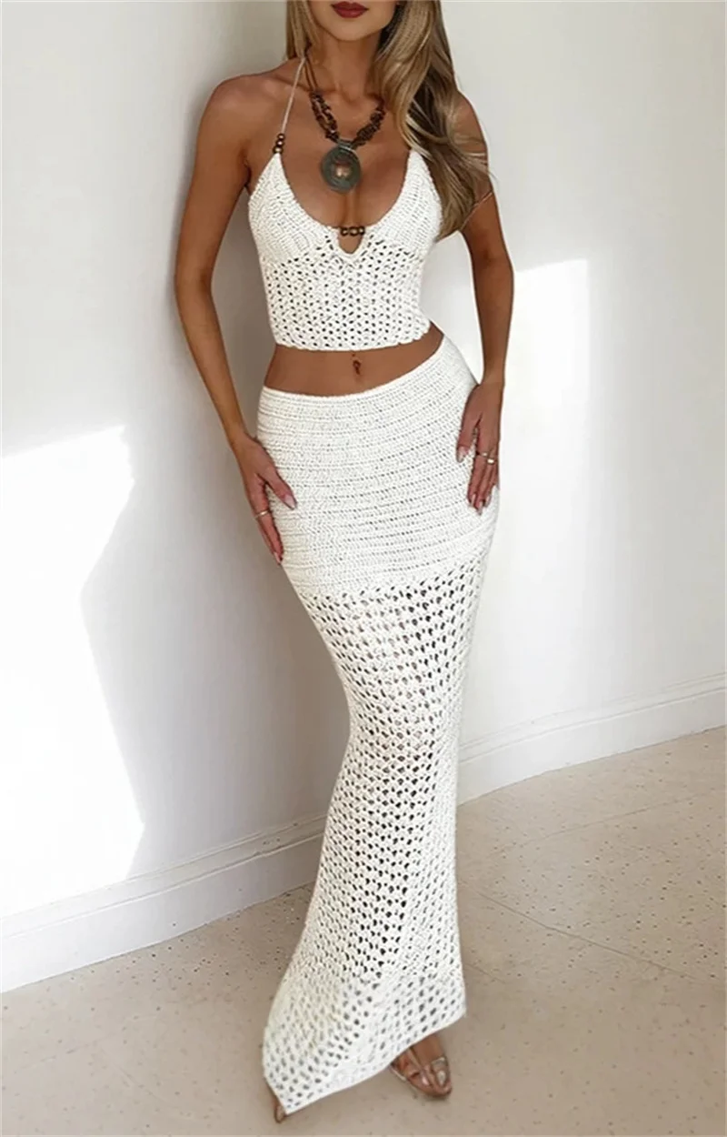 2PCS Sexy Sleeveless Long Knit Bandage Dress Women's Halter Beading Crop Top and High Waist Skirt Beach Crochet Bikini Cover Up