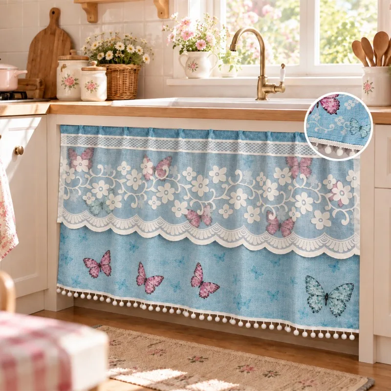 Rose Butterfly Lace Pattern Pom Pom Tassel Curtain No Drill Self-Adhesive Cabinet Curtain Blackout Drape for Kitchen Bookcase